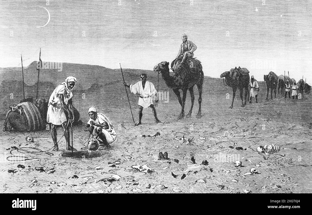 Carovana di viaggiatori europei che arrivano in un pozzo nel deserto libico del Sahara, Libia, Nord Africa, illustrazione storica 1886 Foto Stock