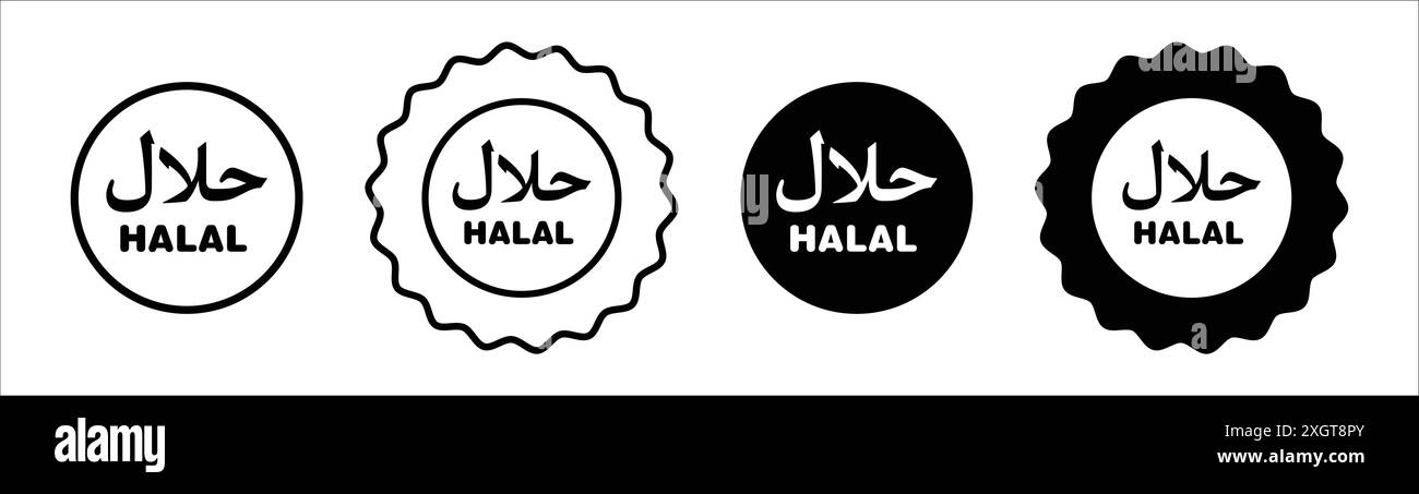 Logo Halal food Icon, contorno vettoriale in bianco e nero Illustrazione Vettoriale