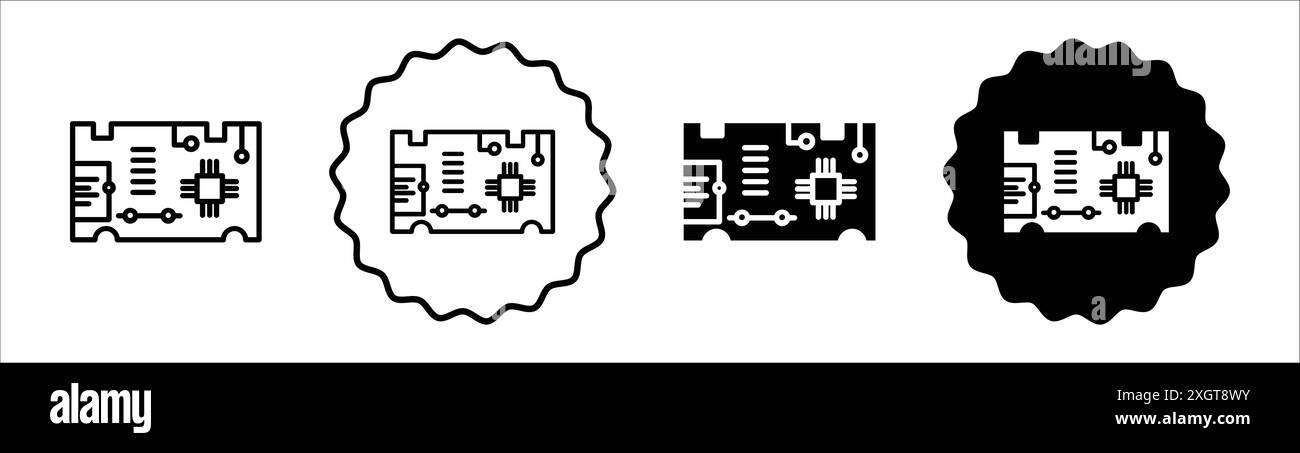 Il logo dell'icona PCB indica il contorno vettoriale in bianco e nero Illustrazione Vettoriale