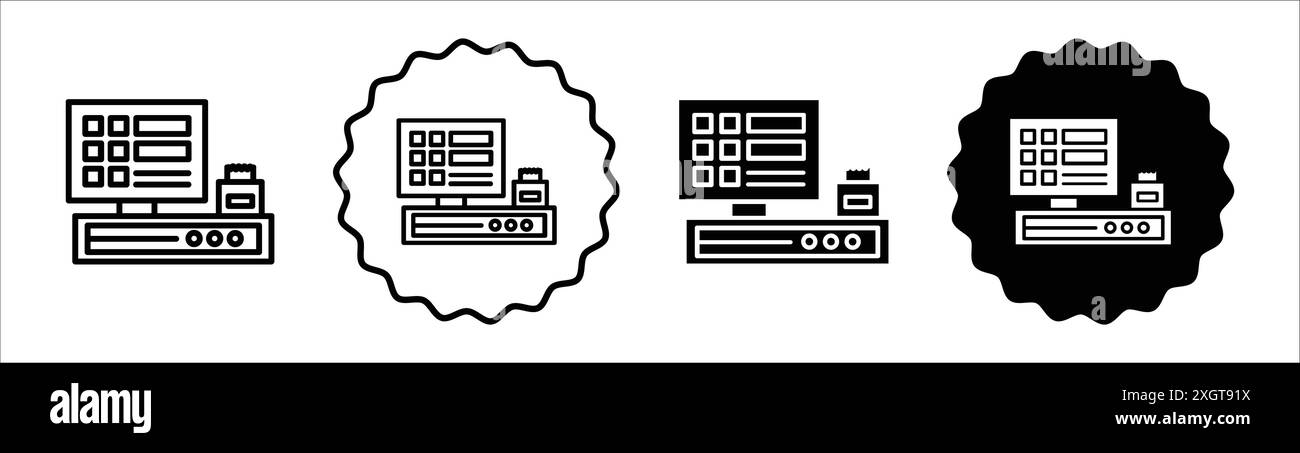 Logo dell'icona del sistema POS, contorno vettoriale in bianco e nero Illustrazione Vettoriale
