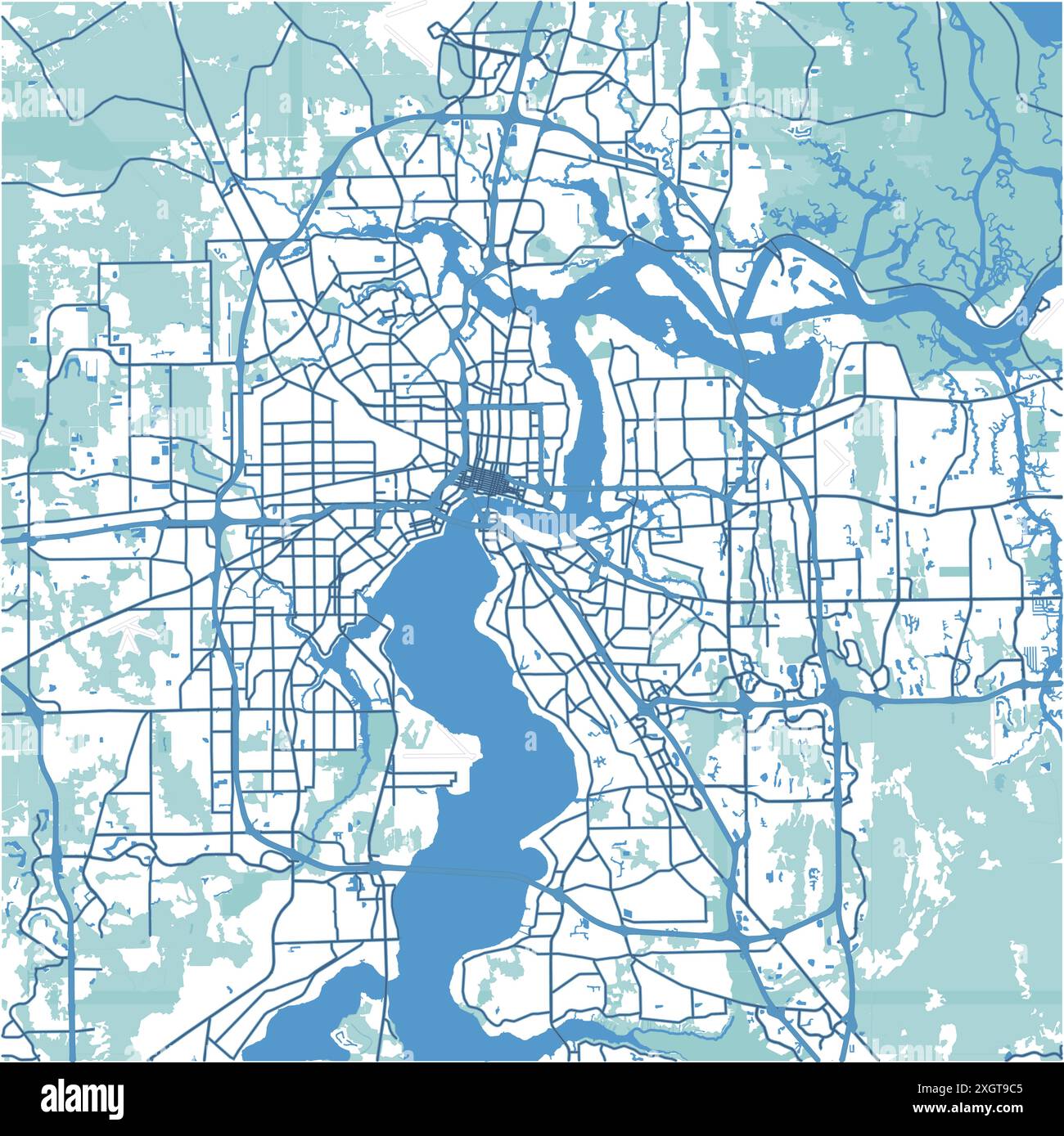 Mappa di Jacksonville in Florida in blu. Contiene vettore stratificato con strade, acqua, parchi, ecc. Illustrazione Vettoriale