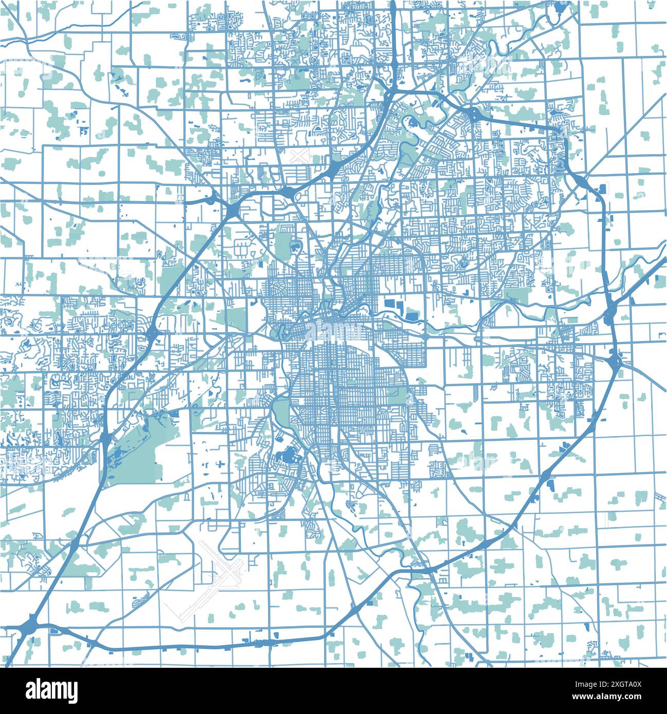 Mappa di Fort Wayne in Indiana in blu. Contiene vettore stratificato con strade, acqua, parchi, ecc. Illustrazione Vettoriale