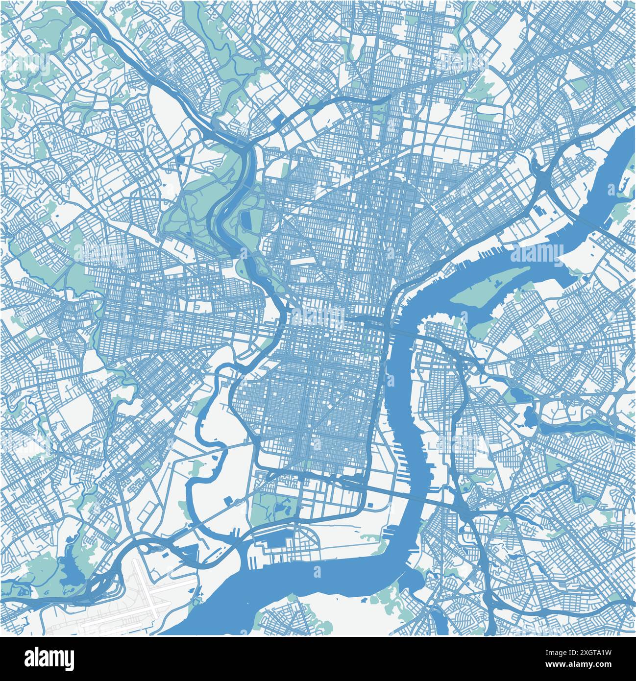 Mappa di Philadelphia in Pennsylvania in blu. Contiene vettore stratificato con strade, acqua, parchi, ecc. Illustrazione Vettoriale