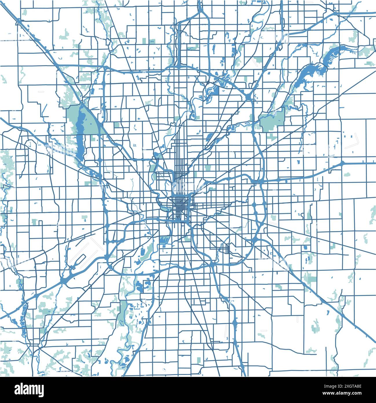 Mappa di Indianapolis in Indiana in blu. Contiene vettore stratificato con strade, acqua, parchi, ecc. Illustrazione Vettoriale