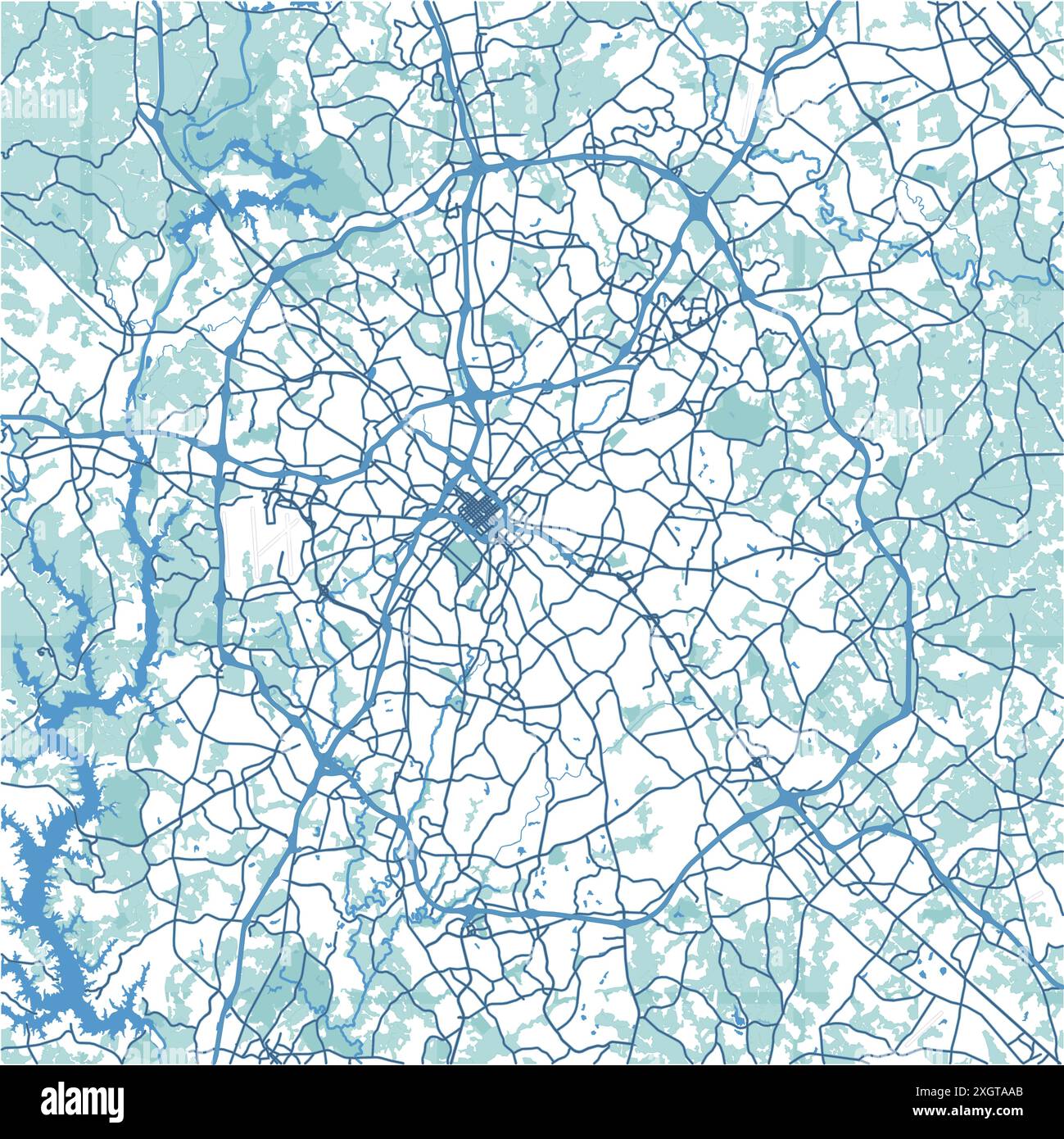 Cartina di Charlotte in North Carolina in blu. Contiene vettore stratificato con strade, acqua, parchi, ecc. Illustrazione Vettoriale