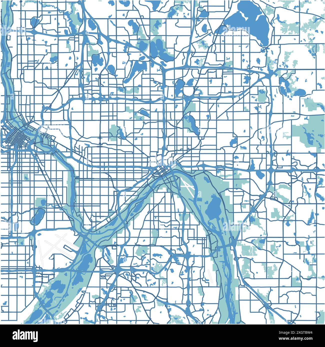 Mappa di Saint Paul in Minnesota in blu. Contiene vettore stratificato con strade, acqua, parchi, ecc. Illustrazione Vettoriale