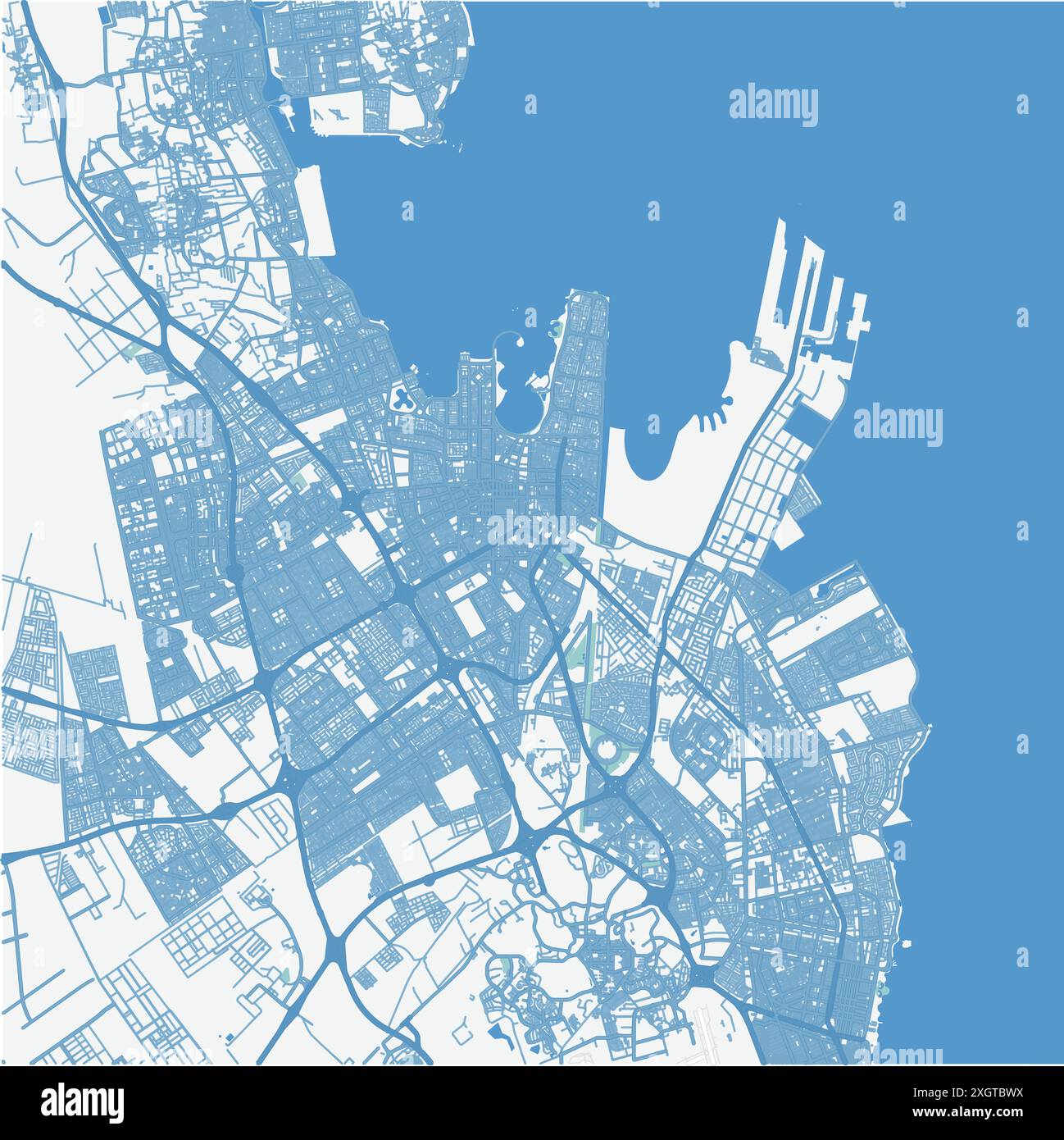 Mappa di Dammam in Arabia Saudita in blu. Contiene vettore stratificato con strade, acqua, parchi, ecc. Illustrazione Vettoriale