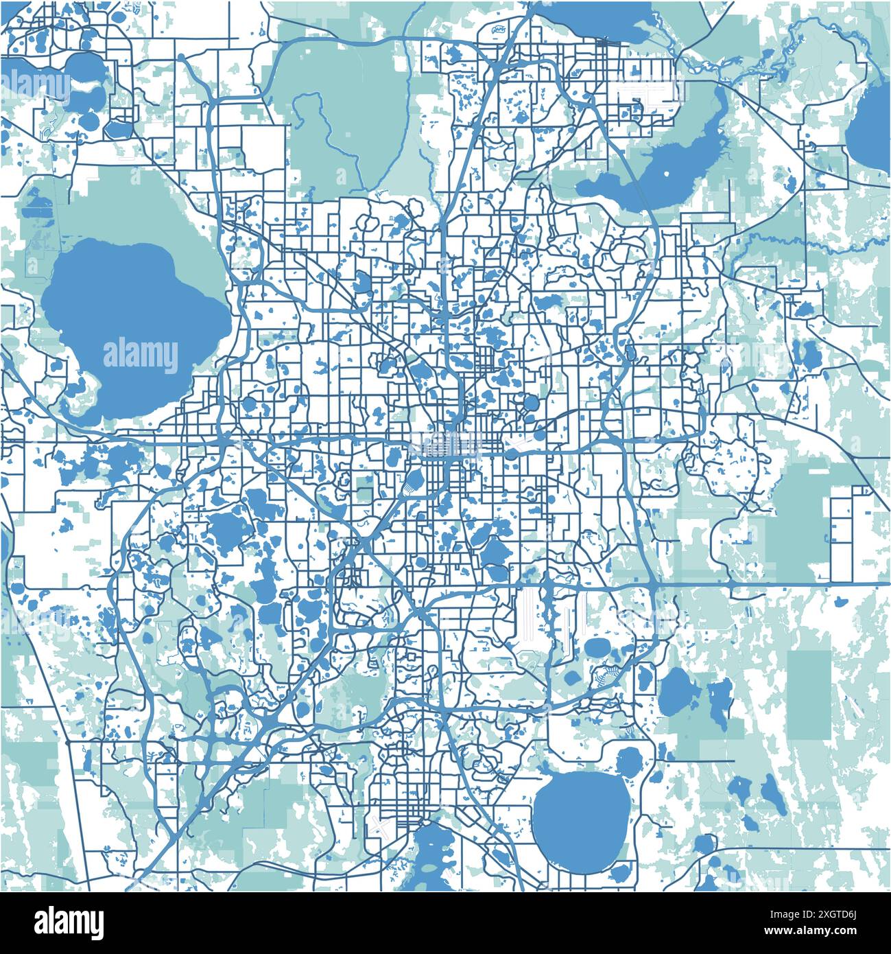 Mappa di Orlando in Florida in blu. Contiene vettore stratificato con strade, acqua, parchi, ecc. Illustrazione Vettoriale