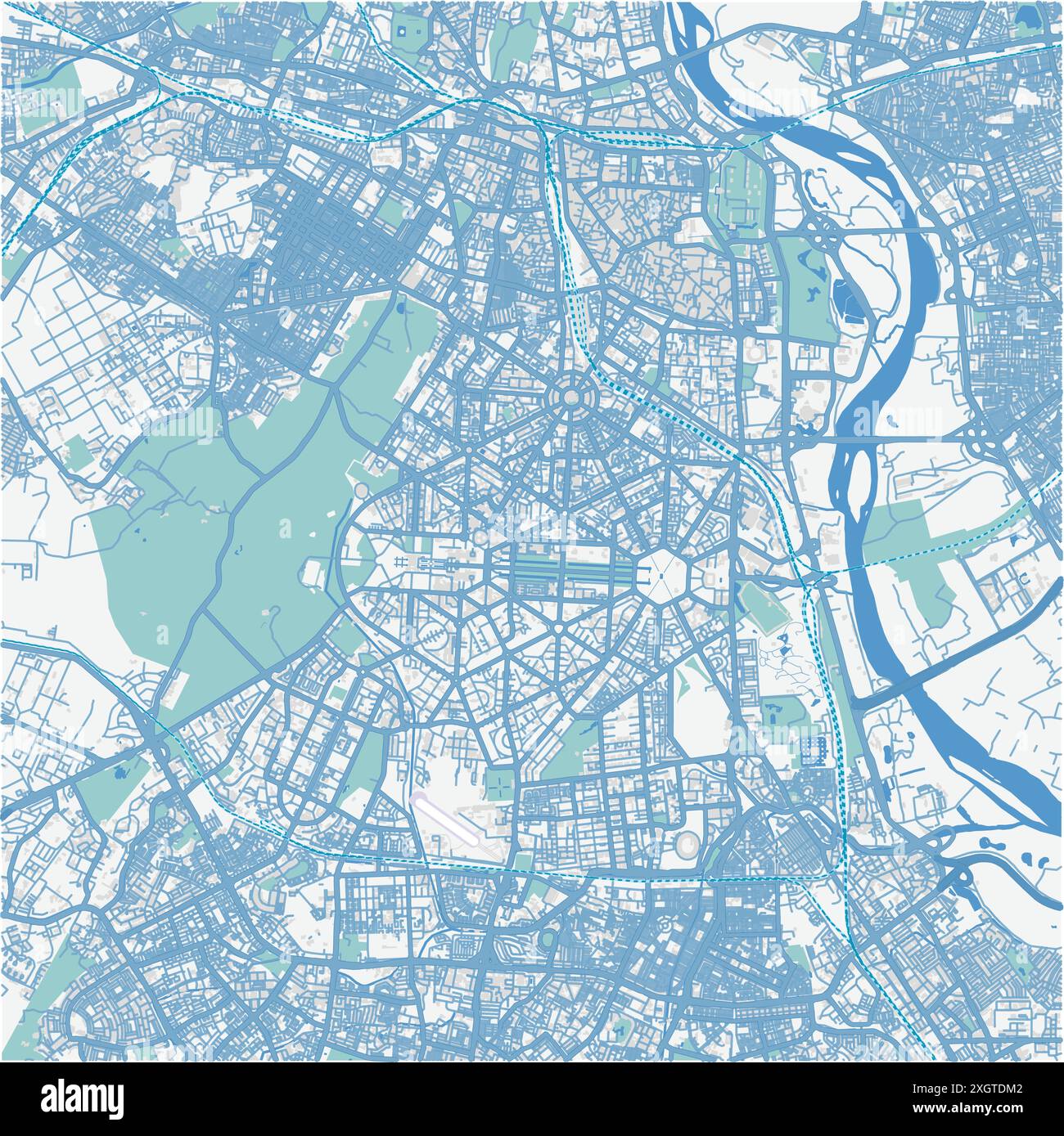 Mappa di nuova Delhi in India in blu. Contiene vettore stratificato con strade, acqua, parchi, ecc. Illustrazione Vettoriale