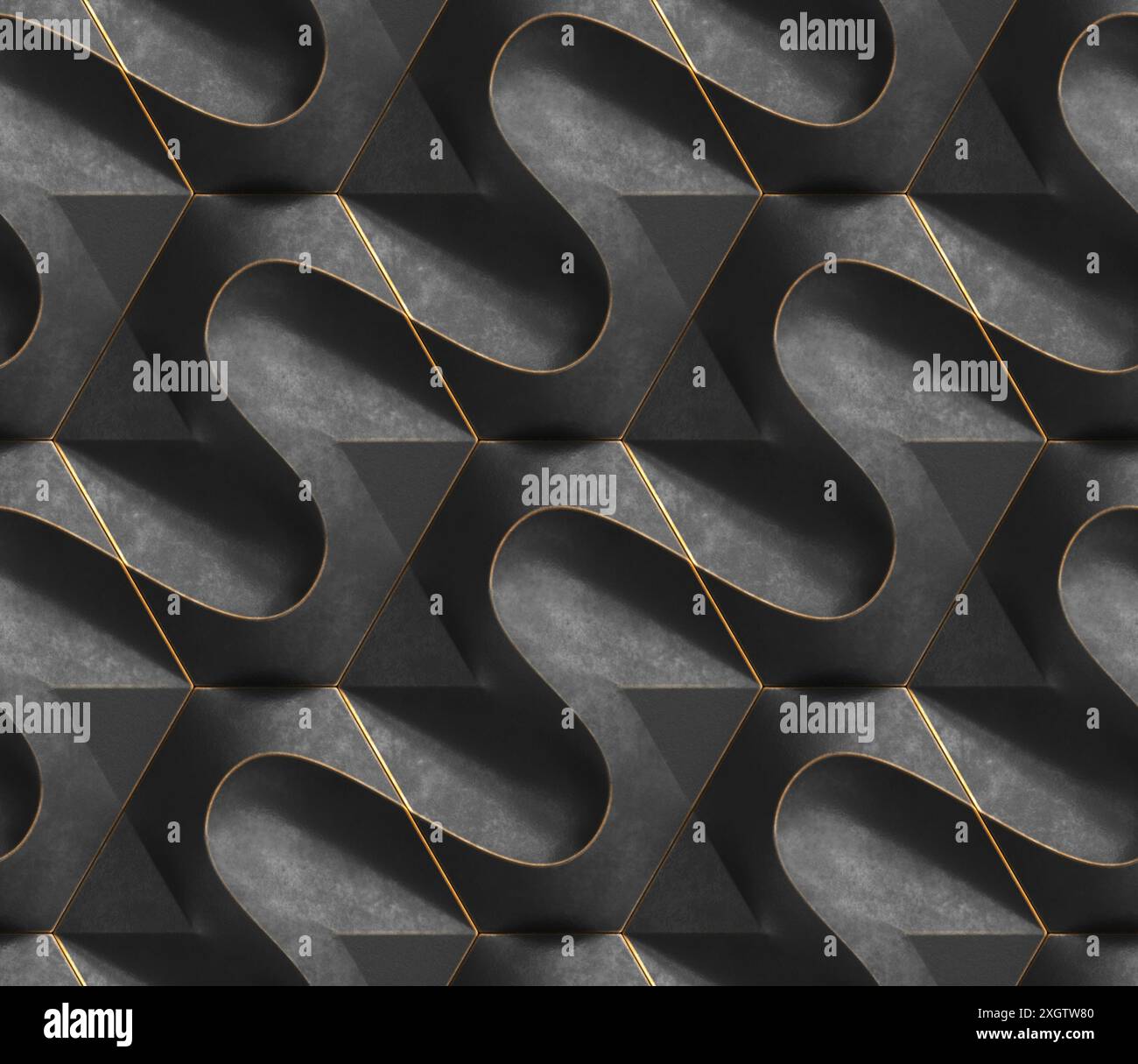 illustrazione 3d di tessere delle onde geometriche, moduli bianchi con bordi dorati sfilacciati. Texture realistica e senza cuciture di alta qualità. Foto Stock