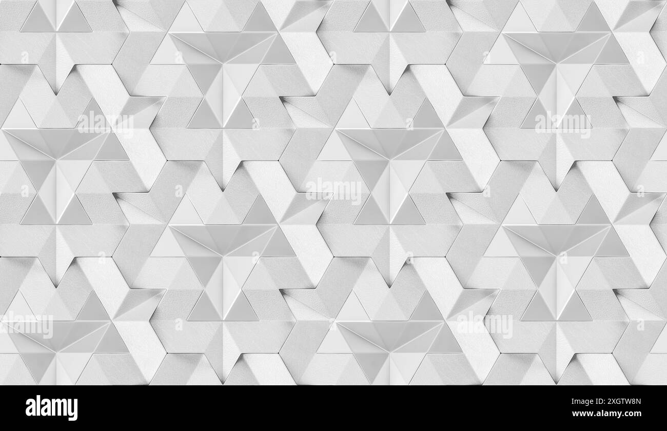 Questa illustrazione senza cuciture presenta un complesso motivo di stelle geometriche a incastro in varie sfumature di grigio, perfetto per sfondi, sfondi, a Foto Stock