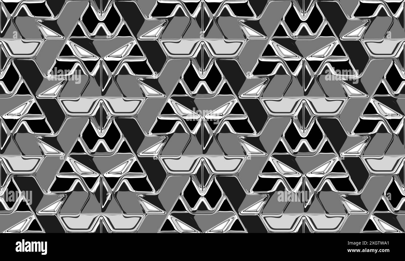 Questa immagine presenta un sorprendente motivo geometrico 3D in tonalità di grigio e nero, perfetto per aggiungere un'estetica moderna a vari progetti di design suc Foto Stock