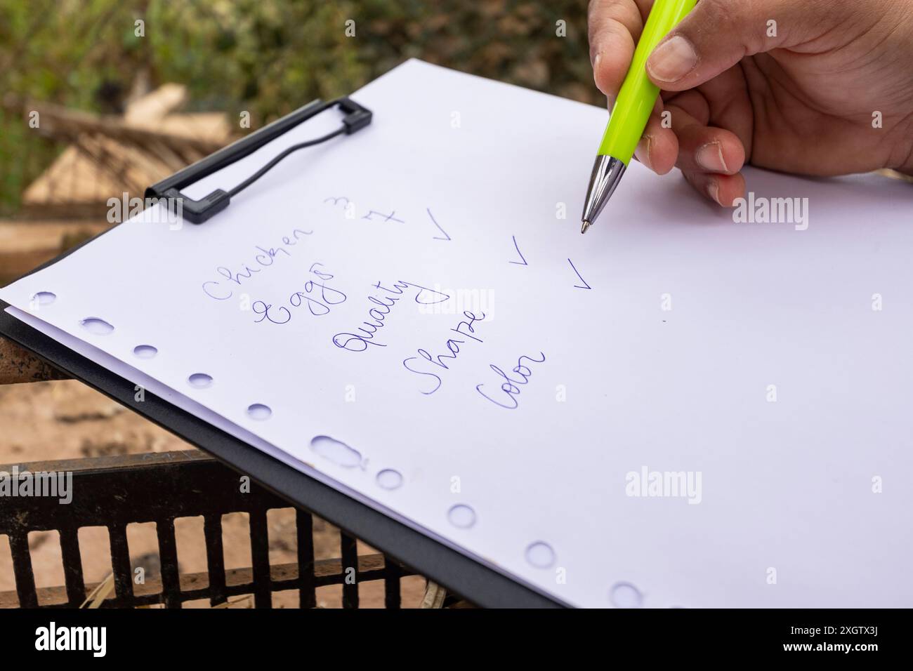 Immagine ravvicinata della mano di una persona non riconoscibile ritagliata che scrive un elenco di controllo dell'inventario agricolo su una clipboard. L'elenco tiene traccia meticolosamente delle quantità, s Foto Stock