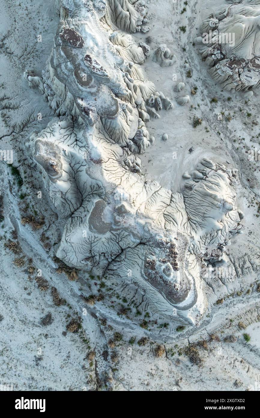 La vista aerea cattura le intricate texture e le surreali formazioni delle Badlands Bisti, mostrando un paesaggio unico di roccia e sabbia erosa Foto Stock