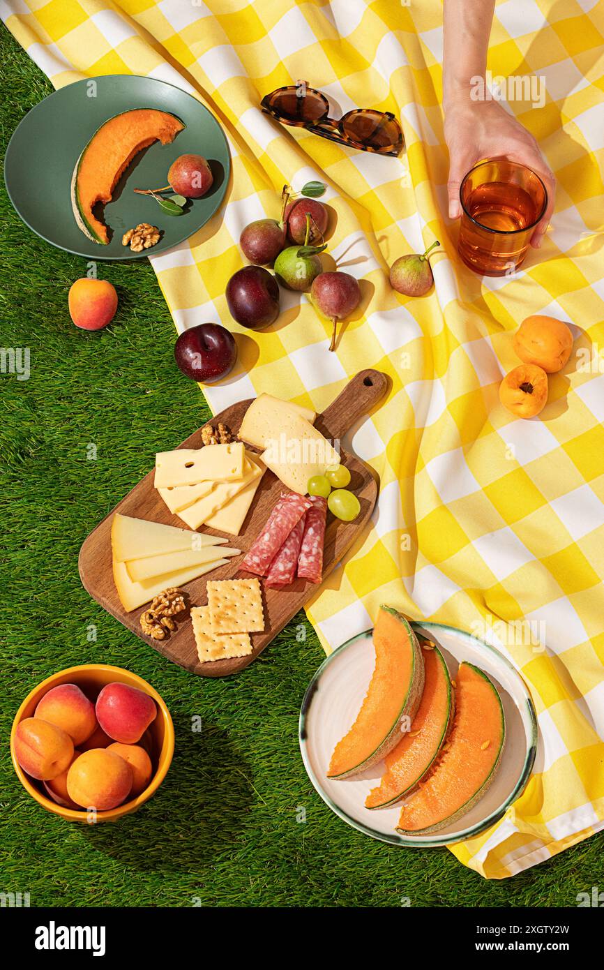 Una vista dall'alto di un picnic estivo, con una variegata gamma di frutta fresca, formaggio, cracker e affettati su una tovaglia gialla a scacchi, Foto Stock