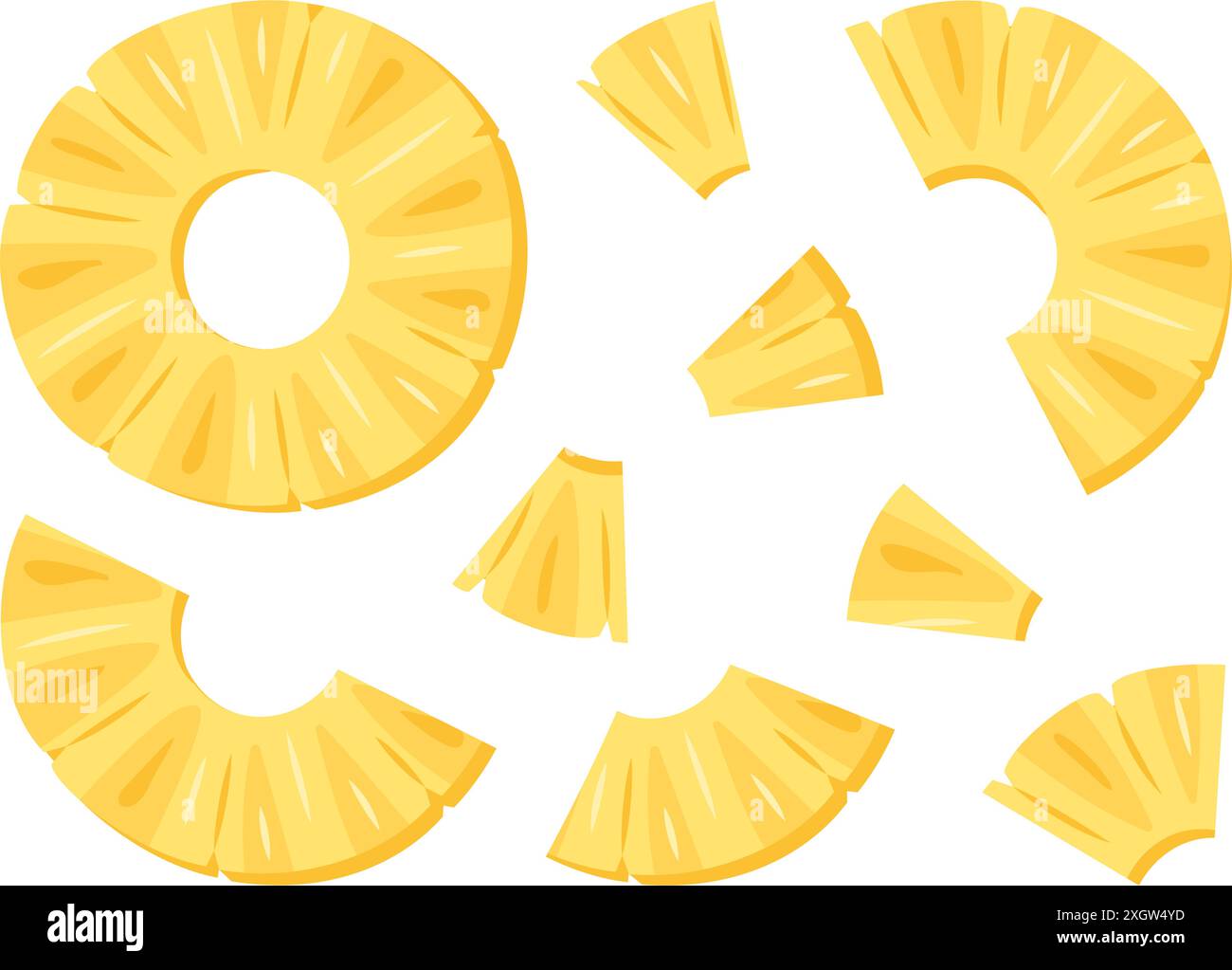 Set di icone di ananas giallo fresco, anello, pezzi. Sano spuntino vegetariano, taglio ananas per design. A fette di ananas. Illustrazione vettoriale isolata in stile piatto e alla moda disegnata a mano Illustrazione Vettoriale