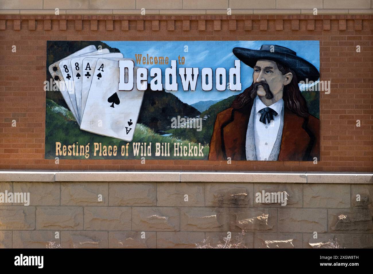 Insegna della città per la città di Deadwood, South Dakota, con Wild Bill Hicock Foto Stock