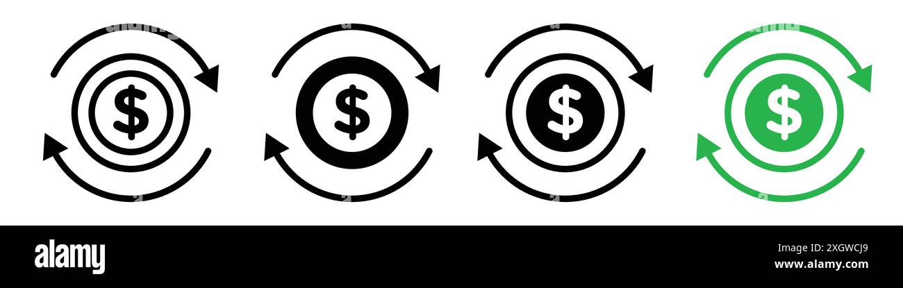 Simbolo della circolazione del denaro, logo, contorno vettoriale in bianco e nero Illustrazione Vettoriale