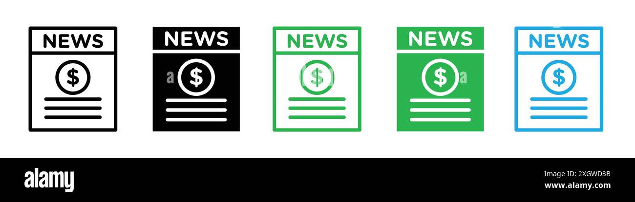 Icona delle notizie finanziarie con il logo che indica il contorno vettoriale in bianco e nero Illustrazione Vettoriale