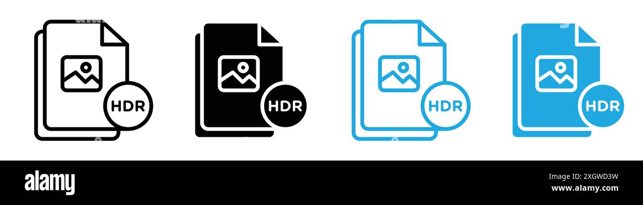 Icona di estensione del file immagine HDR, simbolo del logo, contorno vettoriale in bianco e nero Illustrazione Vettoriale