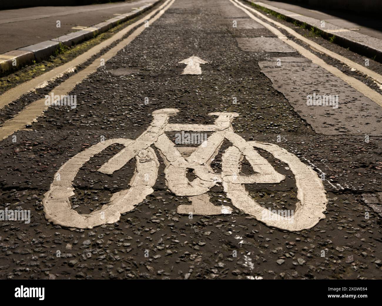 Pista ciclabile contrassegnata dal simbolo di una bicicletta dipinta sulla strada con doppie linee gialle che limitano il parcheggio e lo scarico Foto Stock