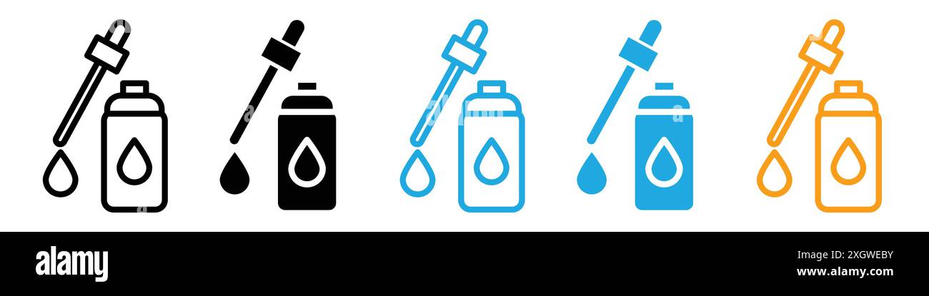 Icona del flacone contagocce con logo, contorno vettoriale in bianco e nero Illustrazione Vettoriale