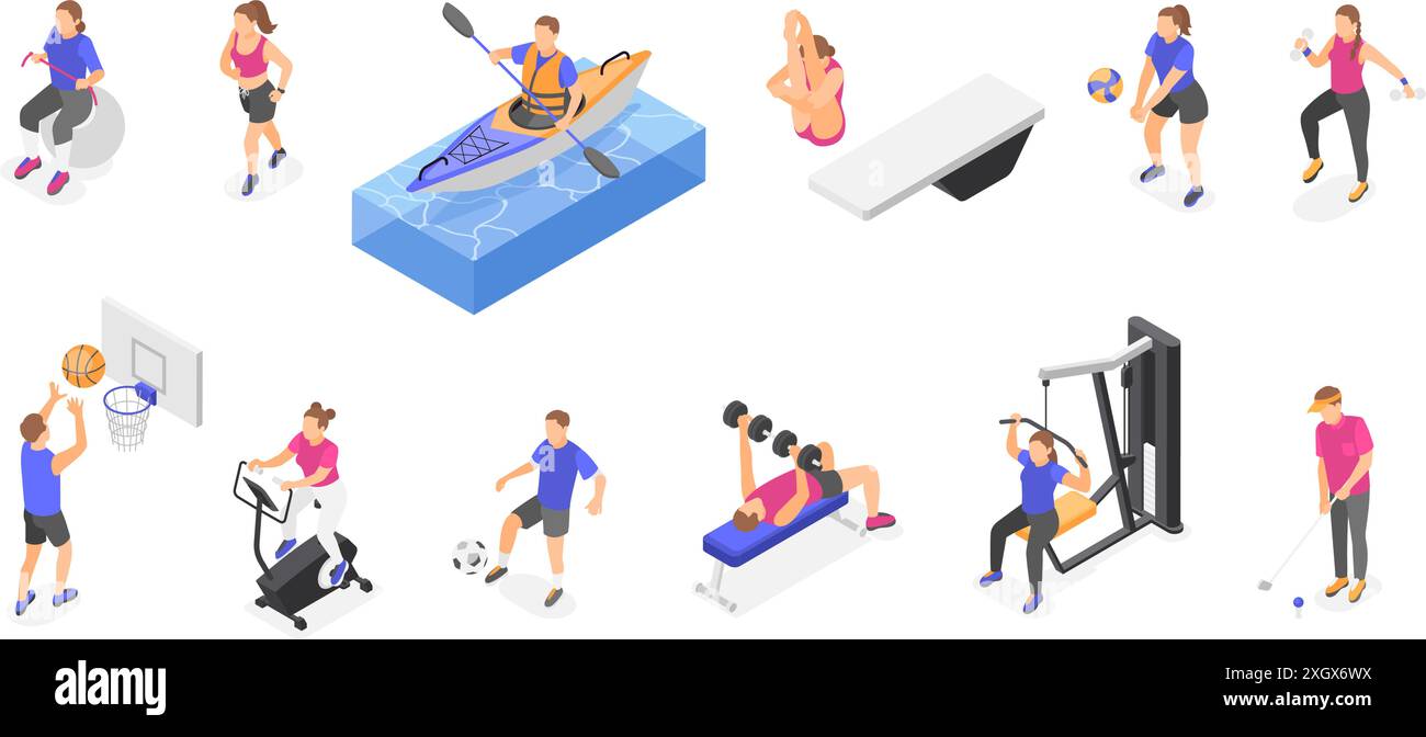 Formazione di persone isometriche. Atleti olimpici, sportivi giocano a calcio, pallacanestro e pallavolo. Set vettoriale impeccabile per i personaggi sportivi della palestra Illustrazione Vettoriale