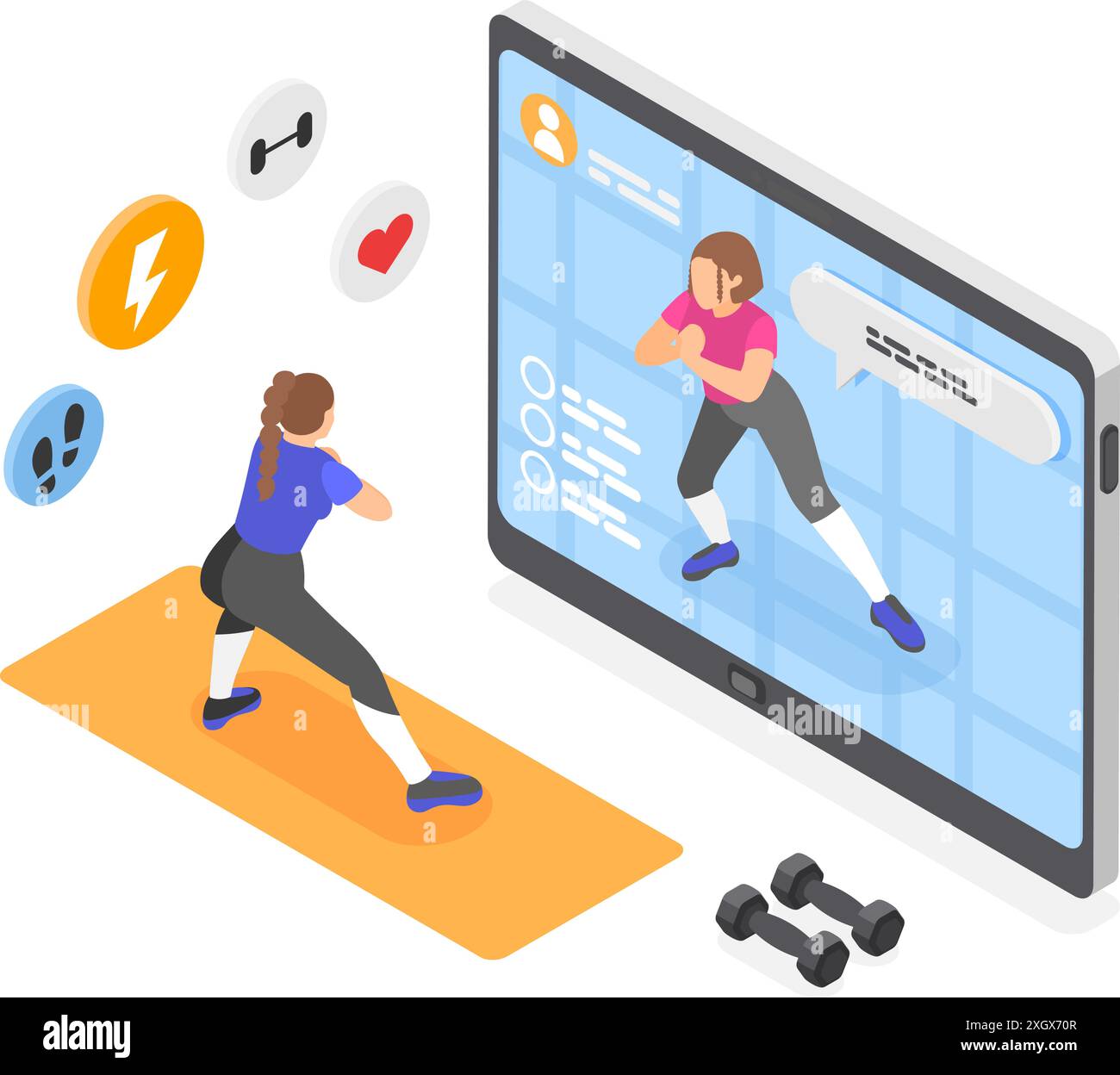 Allenamento online isometrico. Donna che si allena a casa con lo streaming video sullo schermo. Stile di vita sano, sport per la salute e la forma, scena vettoriale impeccabile Illustrazione Vettoriale