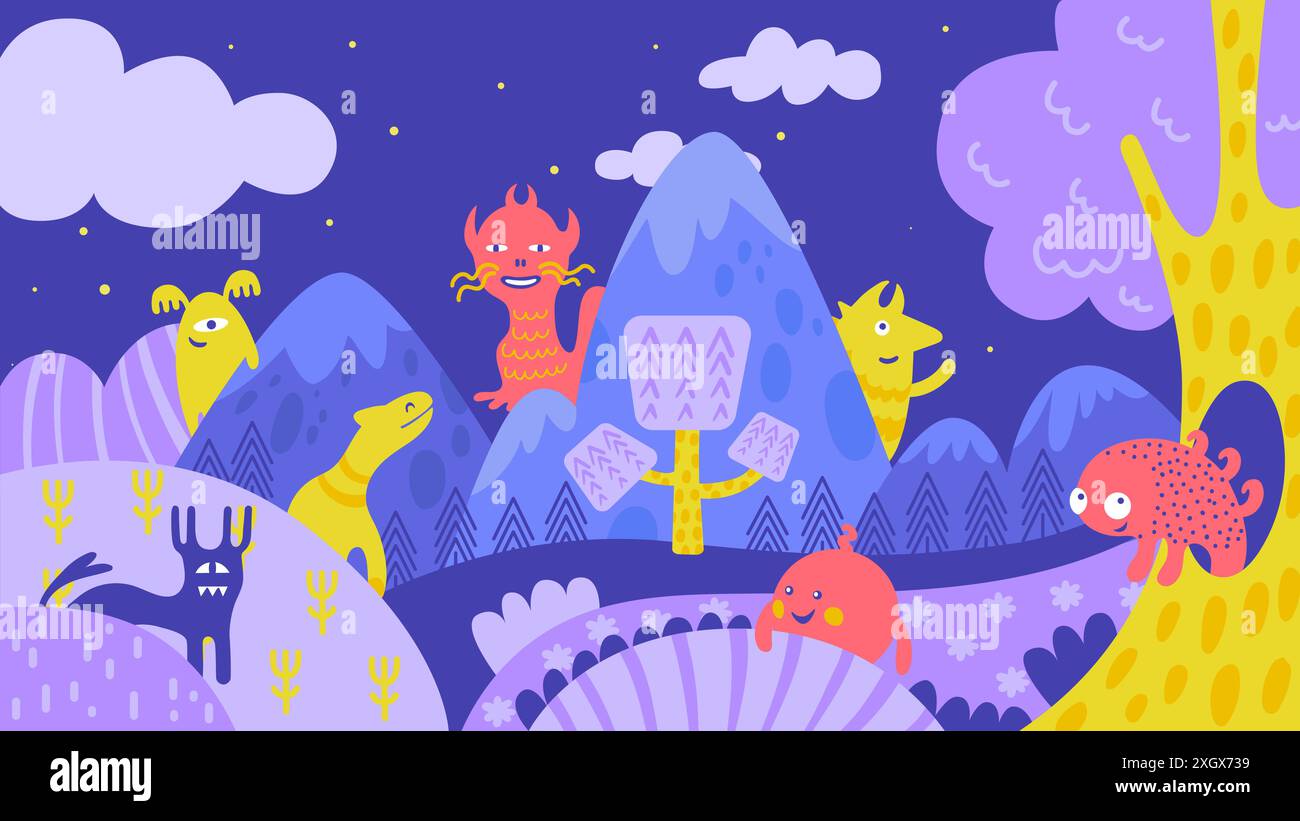 Sfondo creature astratte. Posizione fantastica con mostri immaginari e piante immaginarie. Strana creatura nel vettore neoterico del mondo surreale Illustrazione Vettoriale