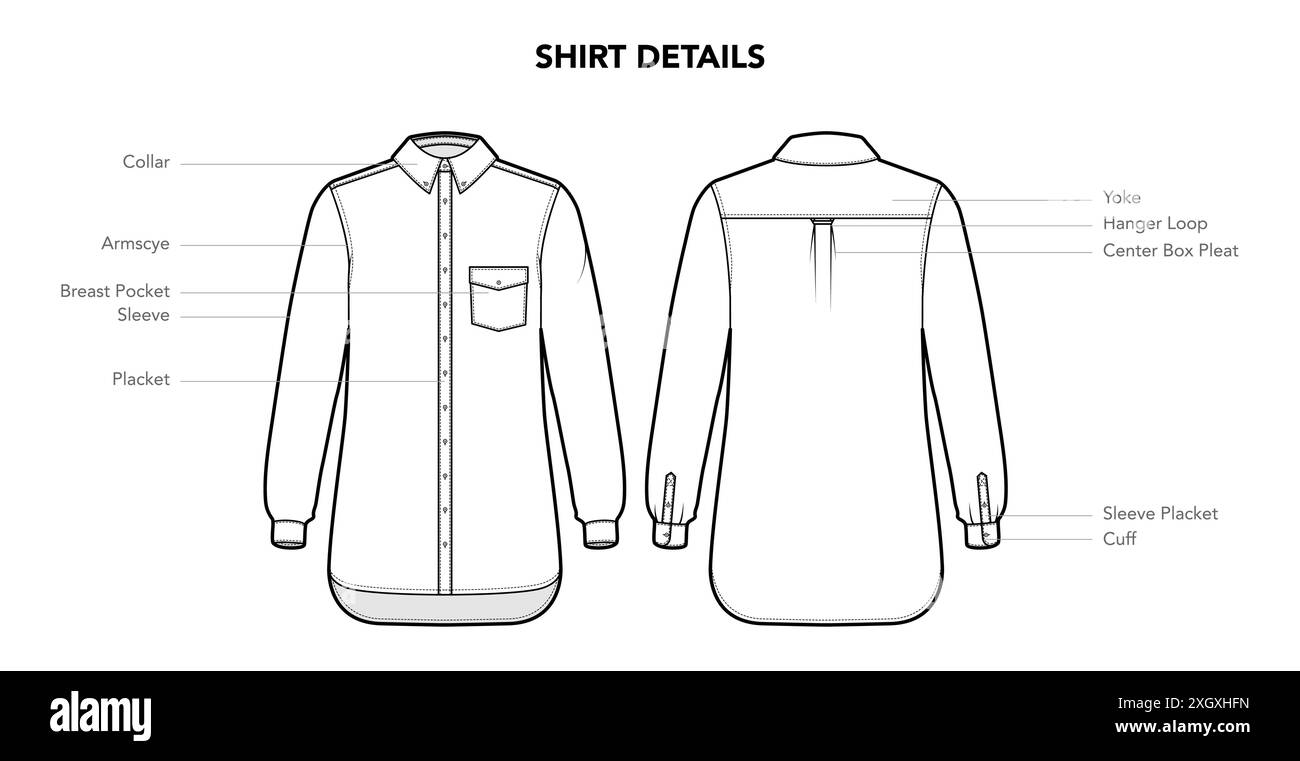 Set di dettagli camicia Top - colletto, corsetto, manica, placket, illustrazione tecnica alla moda. Modello abbigliamento piatto, vista anteriore, posteriore. Donne, uomini, CAD unisex, mockup isolato su sfondo bianco Illustrazione Vettoriale