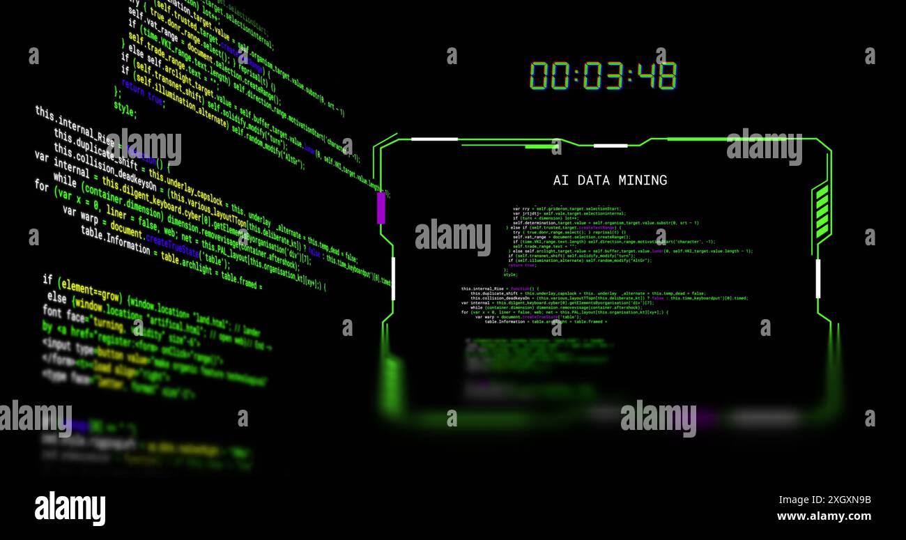 Immagine dei dati di scorrimento, del conto alla rovescia e dell'interfaccia ai data mining, su sfondo nero Foto Stock