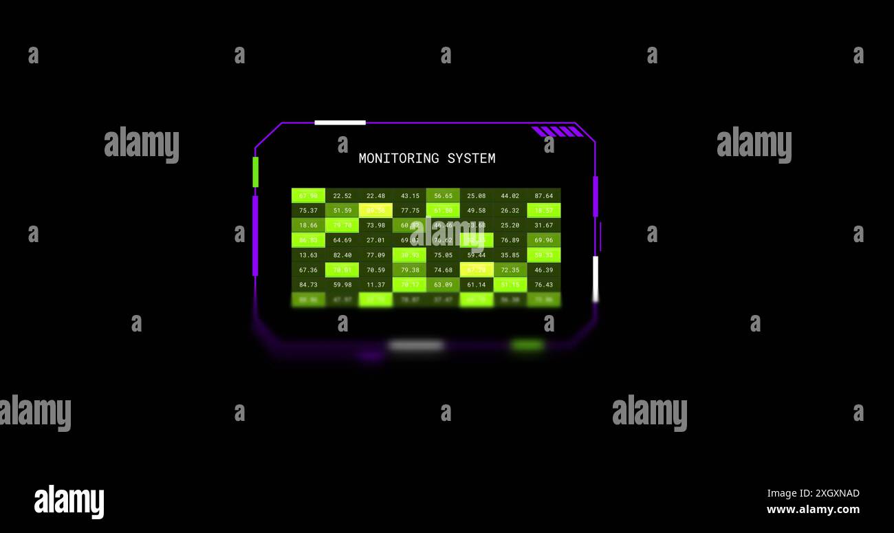 Immagine della schermata dell'interfaccia con numeri di testo del sistema di monitoraggio e spie verdi, in nero Foto Stock