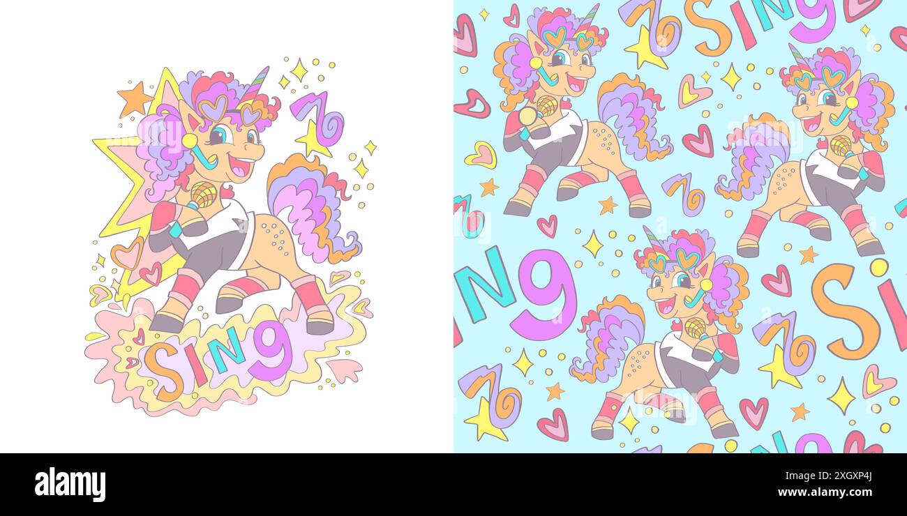 Carino cantante di unicorno, pop star. Carattere e sfondo isolati. Illustrazione vettoriale. Scheda e motivo senza cuciture con unicorno. Per i vestiti, favoloso Illustrazione Vettoriale