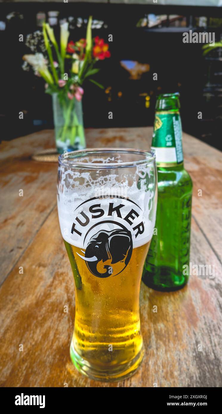 Un alto bicchiere di malto Tusker freddo a Nairobi, Kenya Foto Stock