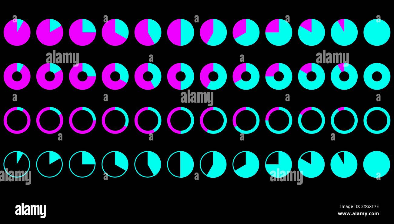 Icone a torta colorate su sfondo nero. Segmenti e stili di suoneria diversi. Adatto per la visualizzazione dei dati e le infografiche. Illustrazione Vettoriale