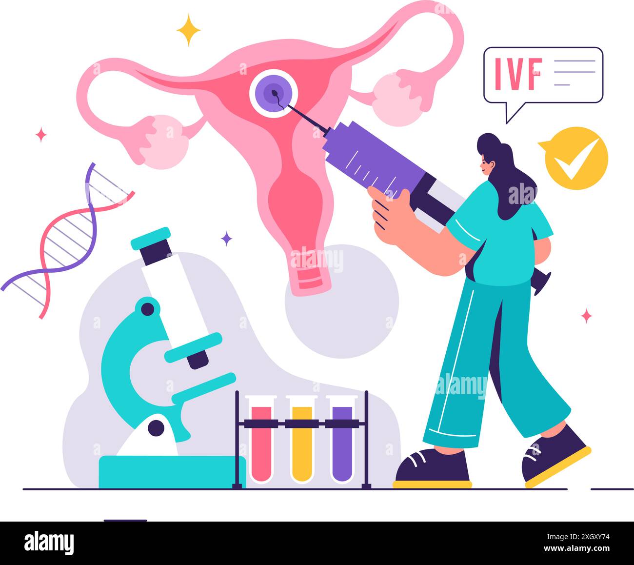 Illustrazione del vettore di fecondazione in vitro o in vitro per l'inseminazione artificiale, incentrata sulla gravidanza e sulla ricerca dei medici sulle uova felizzate Illustrazione Vettoriale