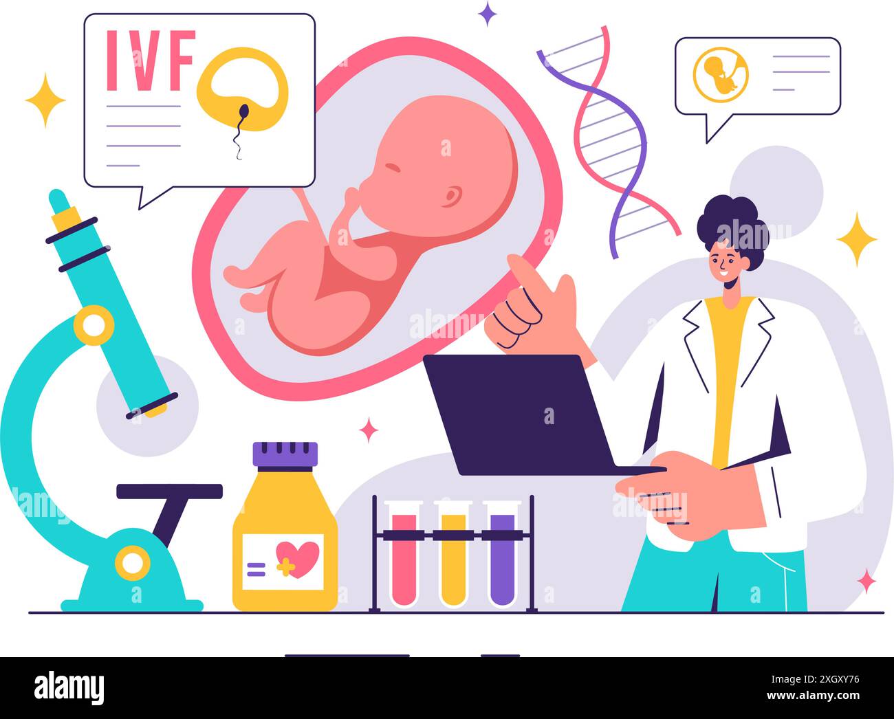 Illustrazione del vettore di fecondazione in vitro o in vitro per l'inseminazione artificiale, incentrata sulla gravidanza e sulla ricerca dei medici sulle uova felizzate Illustrazione Vettoriale