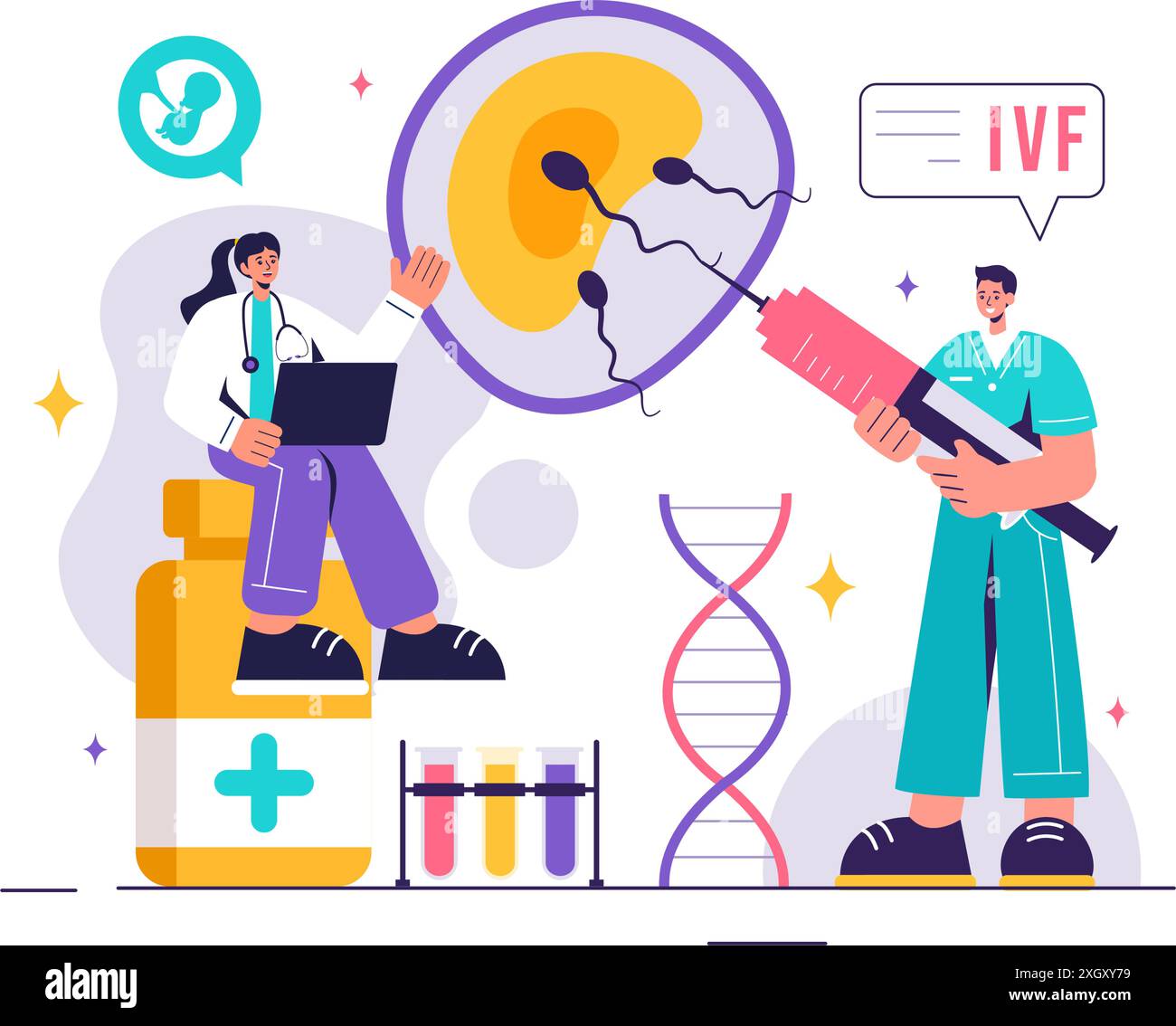 Illustrazione del vettore di fecondazione in vitro o in vitro per l'inseminazione artificiale, incentrata sulla gravidanza e sulla ricerca dei medici sulle uova felizzate Illustrazione Vettoriale