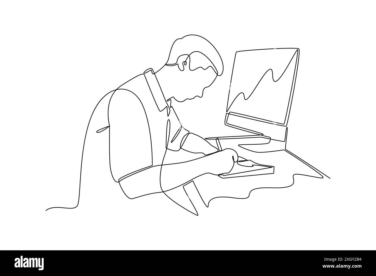 Disegno continuo di un uomo d'affari che lavora alla scrivania con computer e note di scrittura. Simboleggiando la produttività. Illustrazione Vettoriale