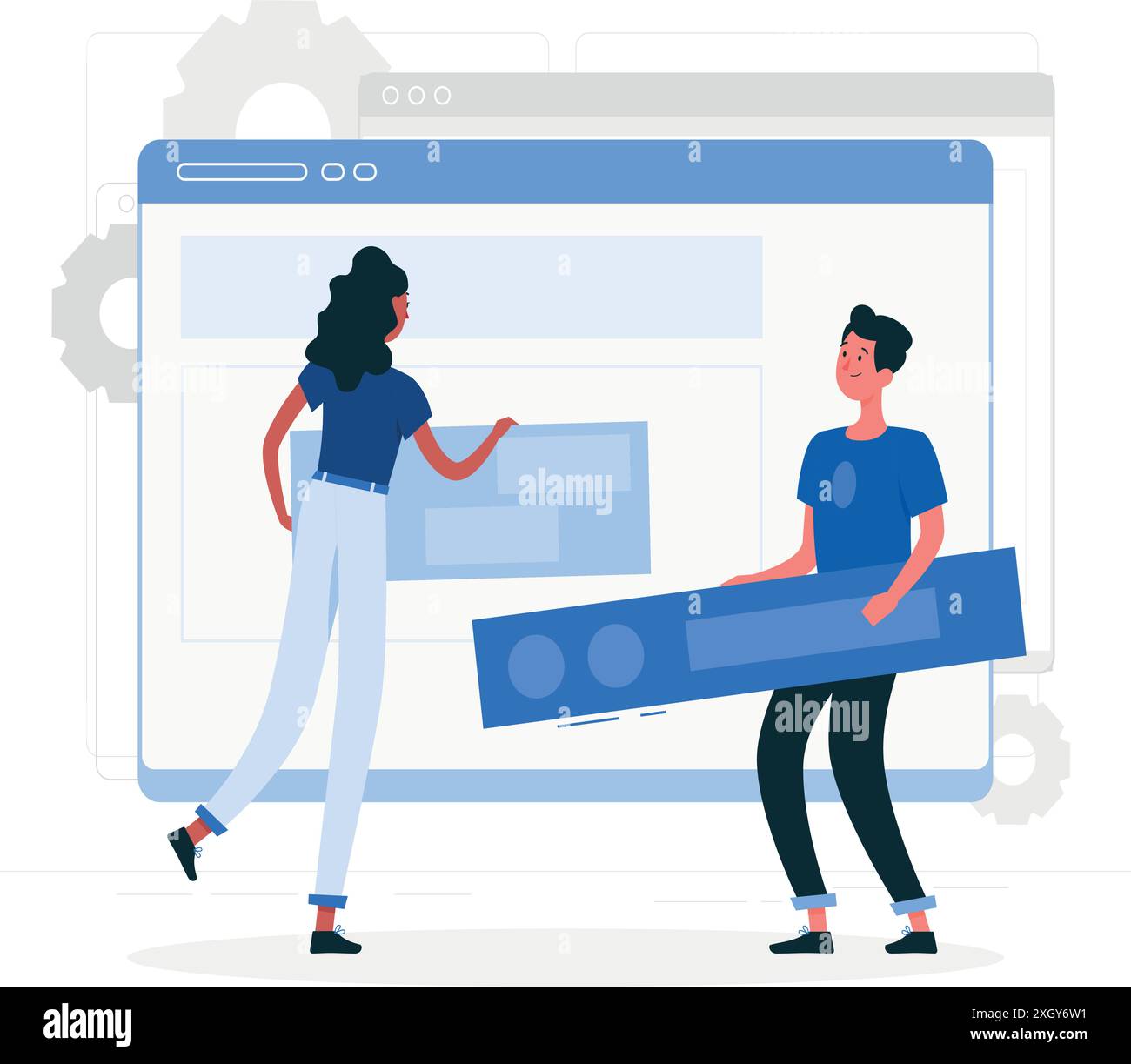 Impostazione, concetto di pianificazione. Donna che imposta i compiti sul calendario, organizza il programma verso l'obiettivo. Gestione del tempo. Preparazione strategica. Raggiungimento di Objectiv Illustrazione Vettoriale