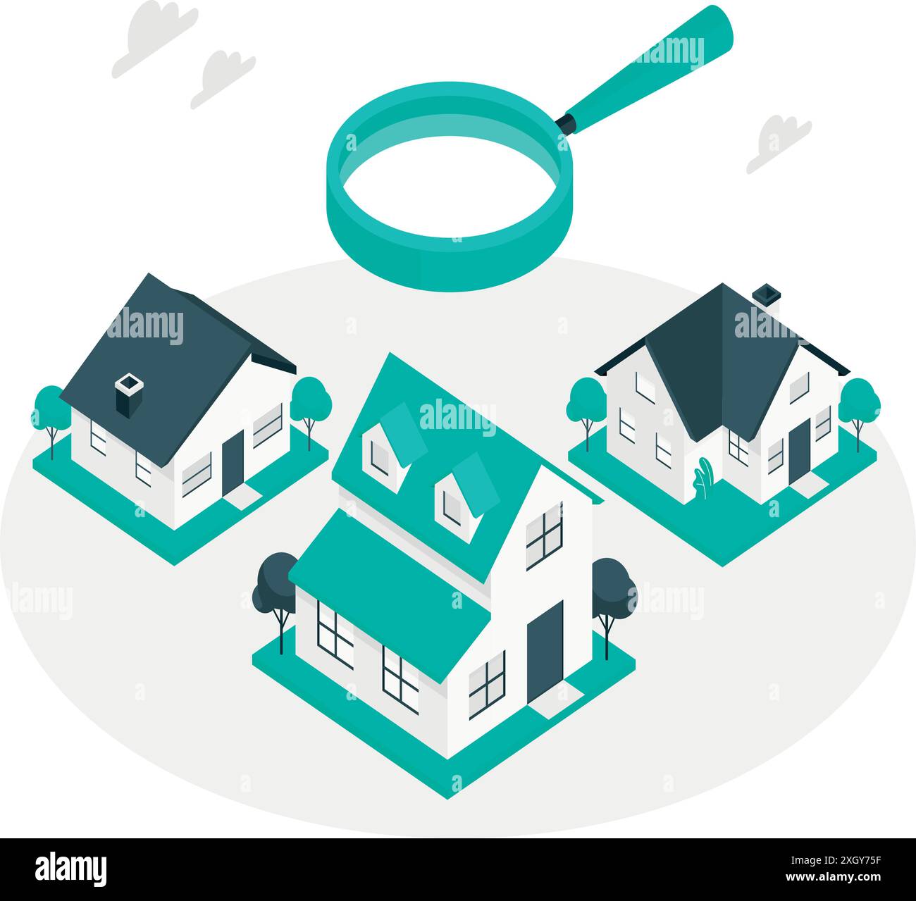 Agenti immobiliari che studiano casa in vendita. Proprietà, ispezione degli edifici, valutazione e concetto di ricerca. Esperti con lente d'ingrandimento e casa. FLA Illustrazione Vettoriale