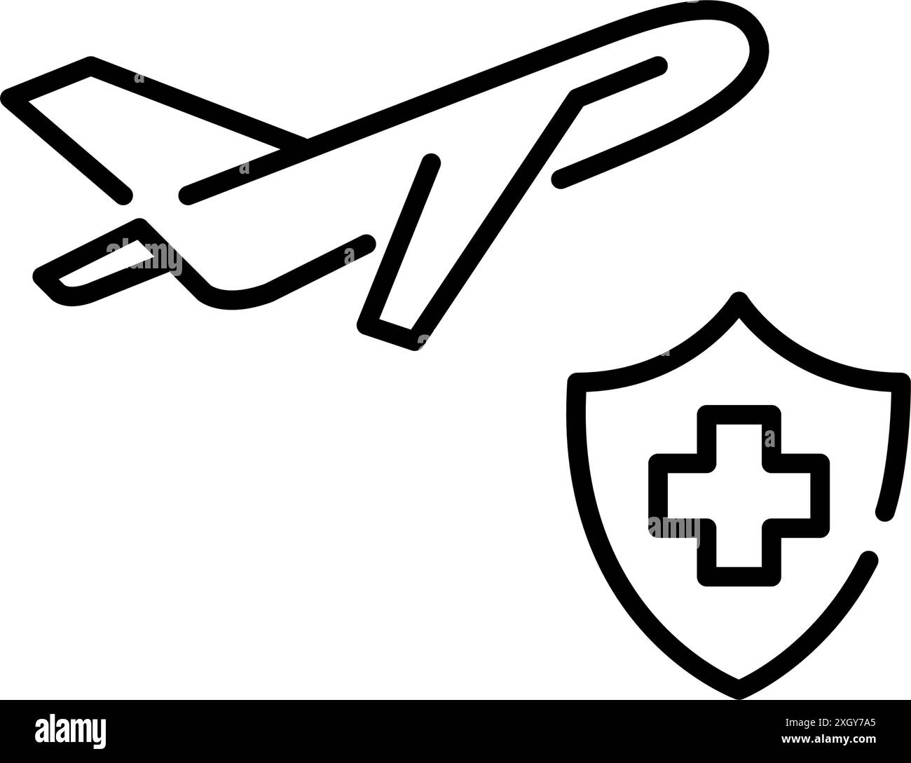 Volo di aerei commerciali e scudo medico incrociato. Assicurazione sanitaria di viaggio, salute e sicurezza in transito. Pixel Perfect, icona del vettore di traccia modificabile Illustrazione Vettoriale