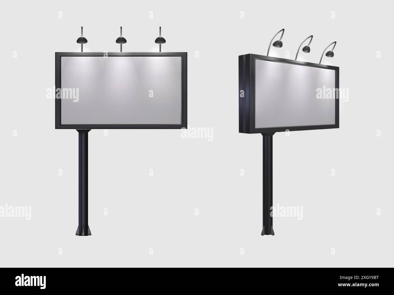 Grande mockup per cartelloni da esterno con schermo vuoto bianco e lampada. Set di illustrazioni vettoriali 3d realistiche con vista frontale e laterale su un modello commerciale lightbox orizzontale vuoto urbano. Illustrazione Vettoriale