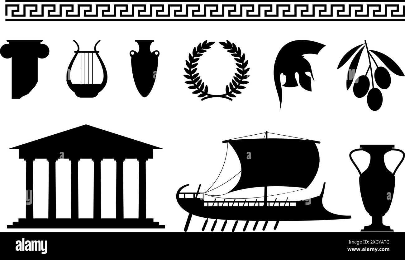 Elementi e simboli in stile greco silhouette nere. Elmetto a colonna con ornamenti tradizionali e vasi antichi. Diramazione delle olive greche, insieme di icone vettoriali Illustrazione Vettoriale