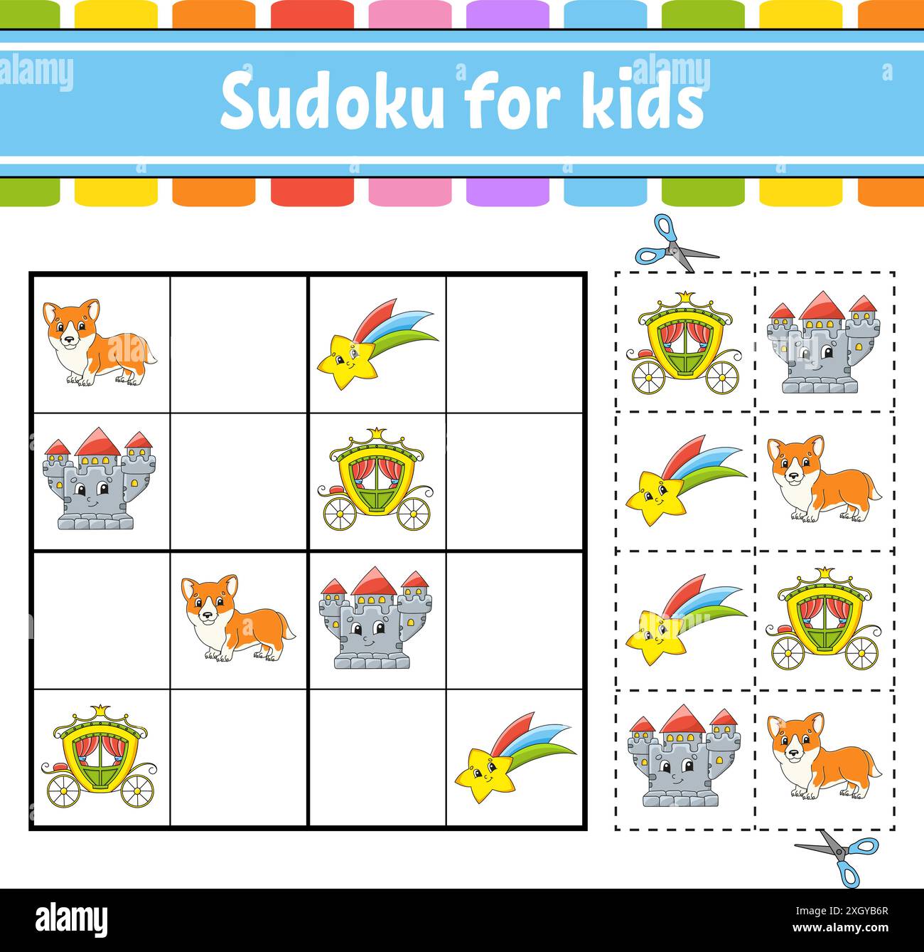 Sudoku per bambini. Tema fiabesco. Foglio di lavoro per lo sviluppo dell'istruzione. Pagina attività con immagini. Gioco di puzzle per bambini. Illustrazione vettoriale isolata. Illustrazione Vettoriale