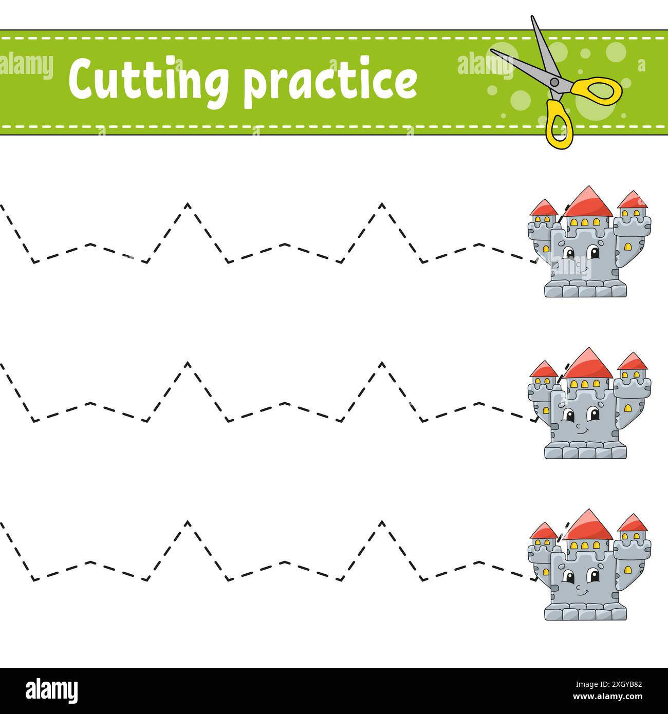 Pratica di taglio per i bambini. Tema fiabesco. Foglio di lavoro per lo sviluppo dell'istruzione. Pagina attività. Gioco di colori per bambini. Illustrazione vettoriale isolata. Carrello Illustrazione Vettoriale