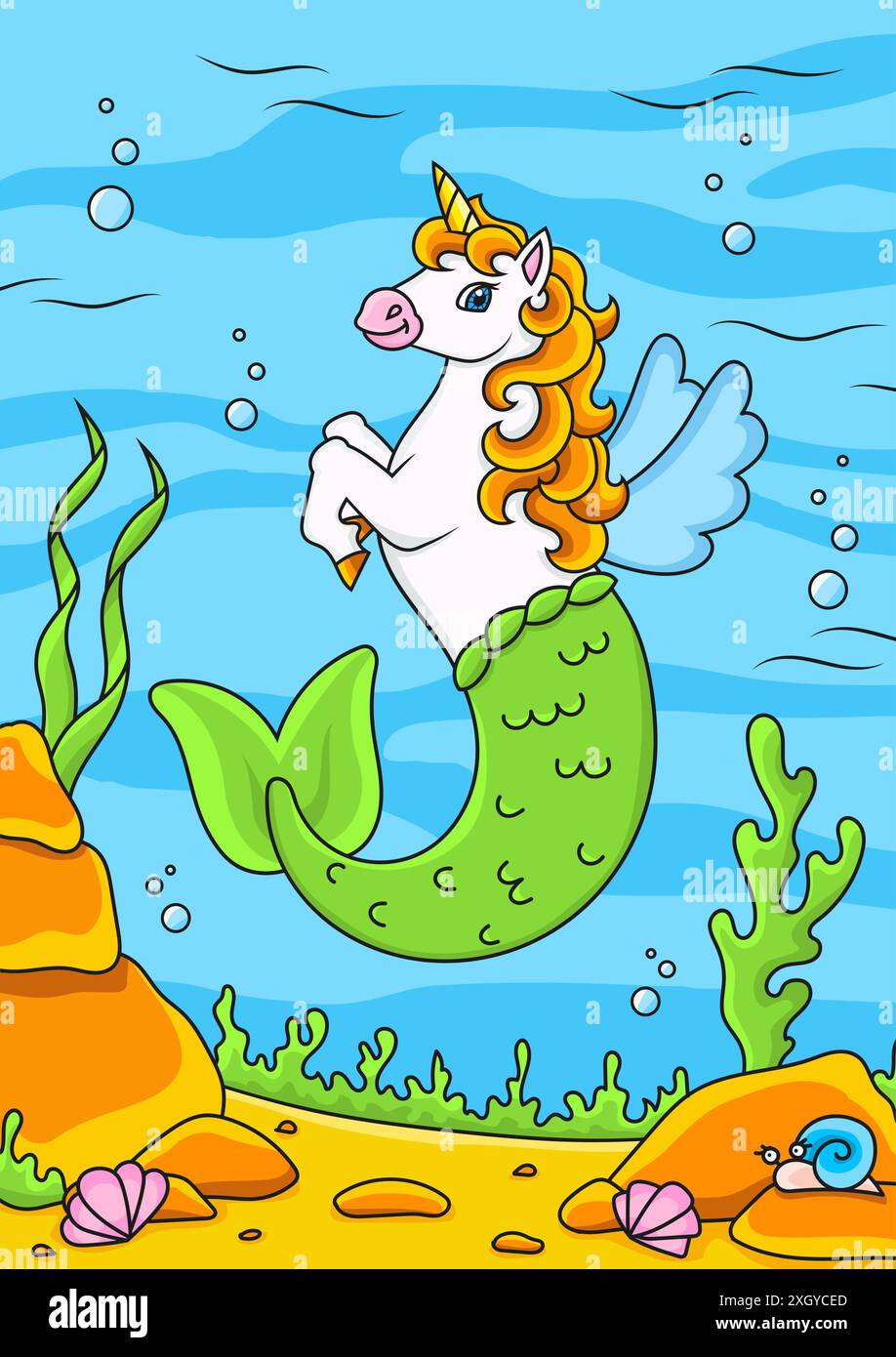Simpatico unicorno sirena. Cavallo magico da favola. Sfondo colorato per il tuo progetto. Per sfondi, copertine, cartoline, striscioni. Illustrazione vettoriale. Illustrazione Vettoriale