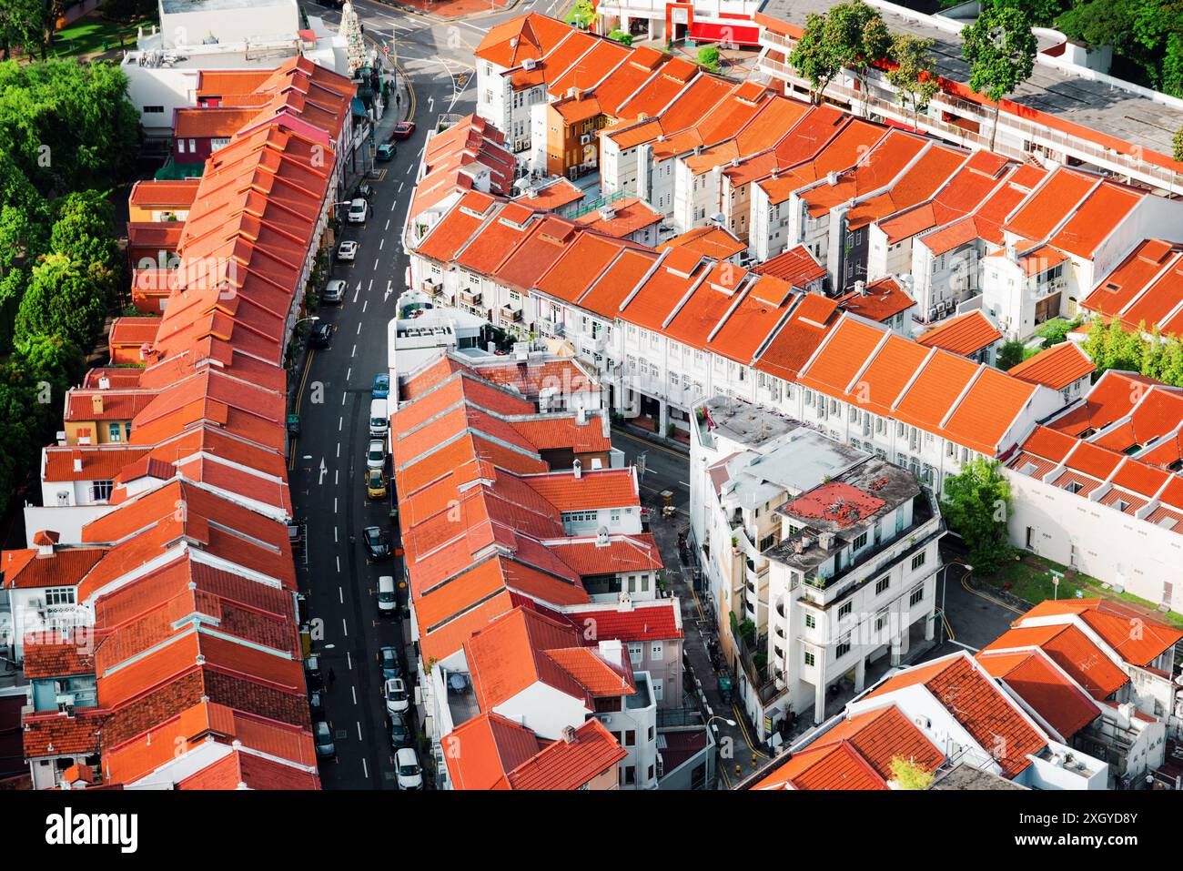 Vista dall'alto dei tetti di tegole rosse delle vecchie case cittadine presso Ann Siang Hill a Singapore. Strade panoramiche e accoglienti. Foto Stock