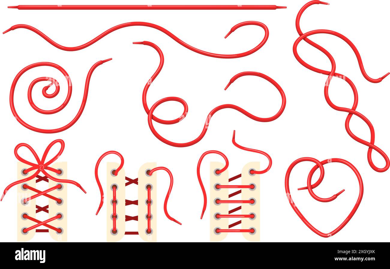 Lacci rosse. Allacciatura isolata per calzature, corde luminose corda per il piede fascetta per nodo corda per stivali sportivi indumenti da passeggio lacci tessili intrecciati abbigliamento, illustrazione vettoriale della collezione ordinata Illustrazione Vettoriale
