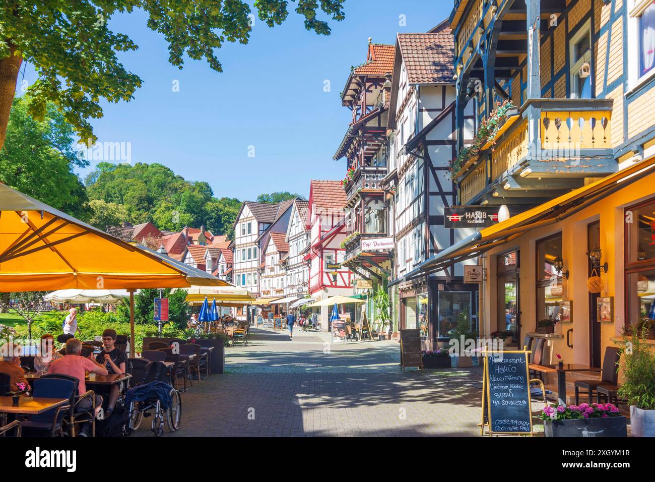 street Weinreihe, parco Kurpark a Bad Sooden, ristorante all'aperto Bad Sooden-Allendorf Nordhessen Hessen, Assia Germania Foto Stock